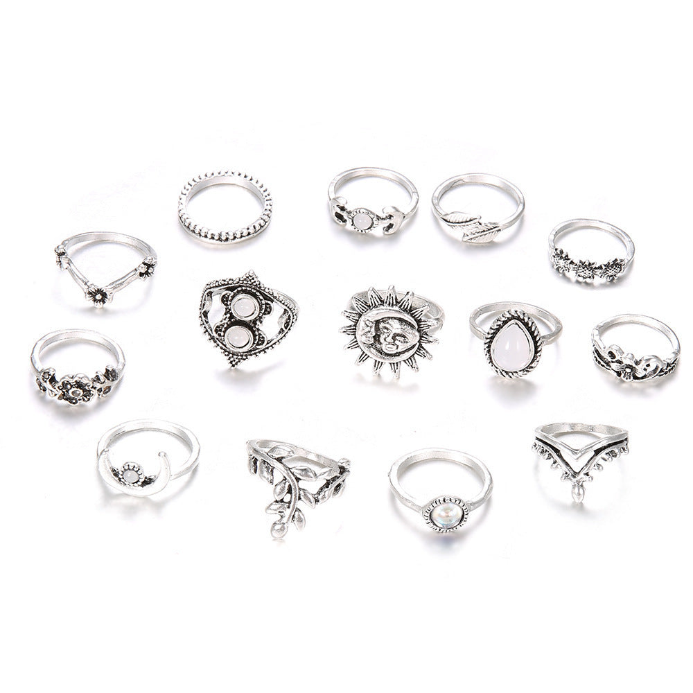 Womens Vintage Ring Set 14 Pieces With Sun Moon Flower Water Drop Designs And Artificial Gemstones Alloy Rings
