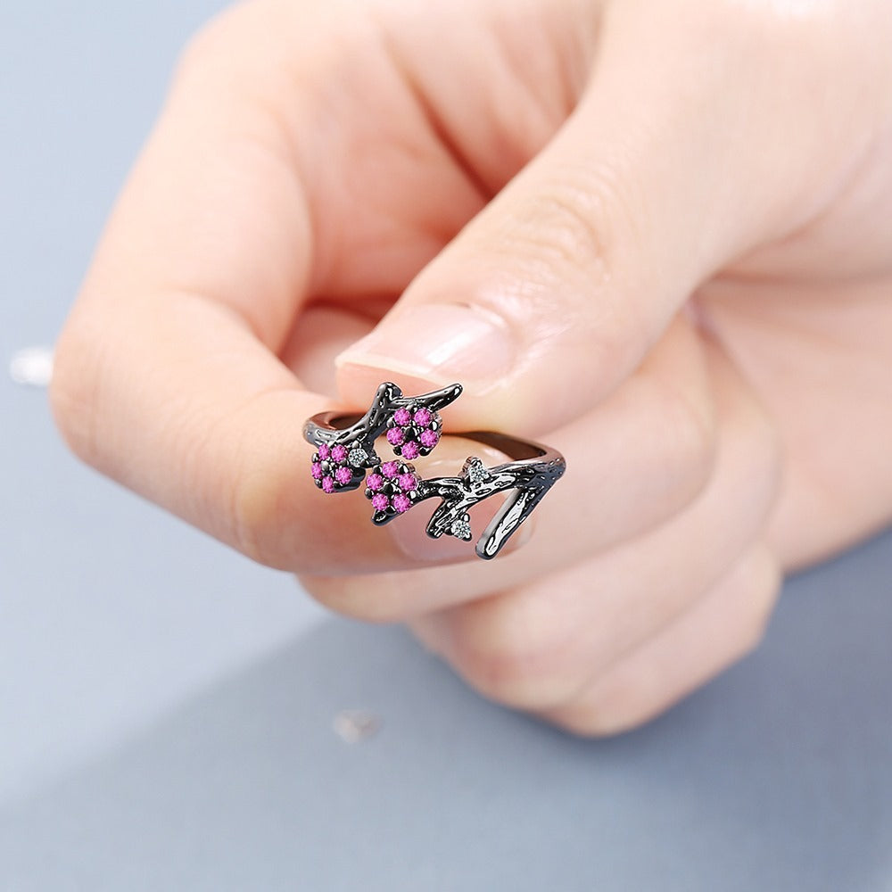 Womens Black And Gold Copper Geometry Ring Adjustable Opening With Inlaid Zircon Diamonds Branch Design Fashion