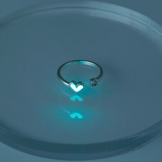 Womens Glow In The Dark Open Heart Ring Copper Electroplated Adjustable Luminous Jewelry Gift For Her Elegant Accessory