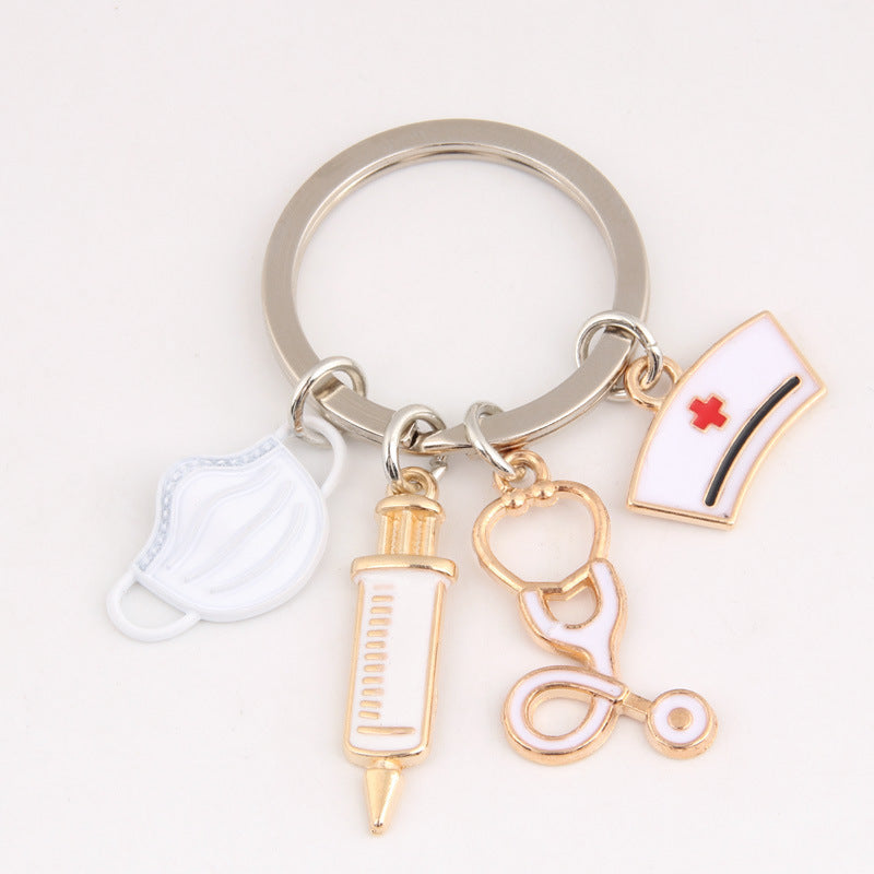Women Fashion Nurse Cap Charm Keychain Alloy Key Ring With Mask Syringe Stethoscope Pendant Fashion Accessory For Her