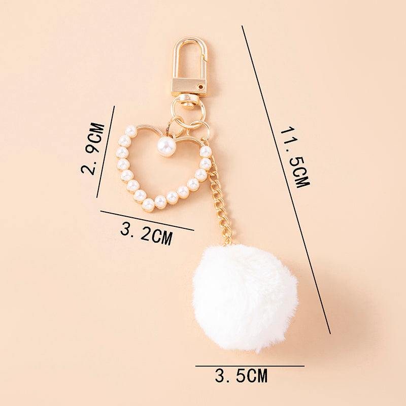 Womens Plush Ball Keychain With Pearls And Heart Charms Gold Tone Trendy Pompom Bag Charm Accessory Gift Ready