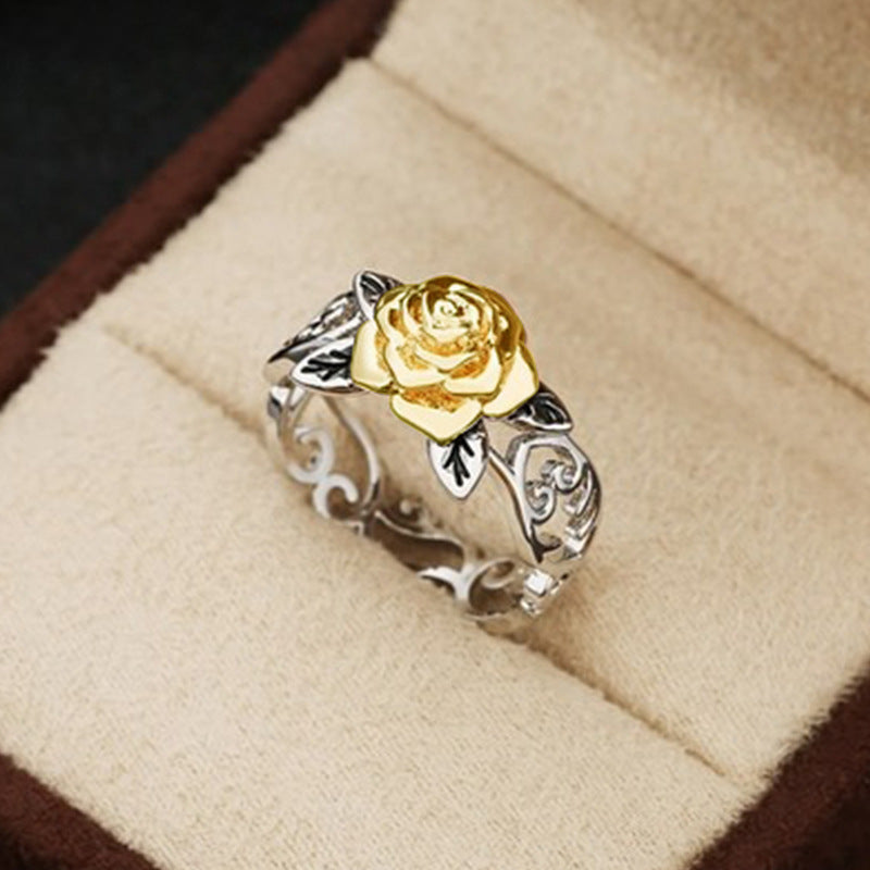 Womens Flowering Ring Silver And Rose Gold Electroplated Alloy Floral Ring With Gold Plated Gem Inlay European