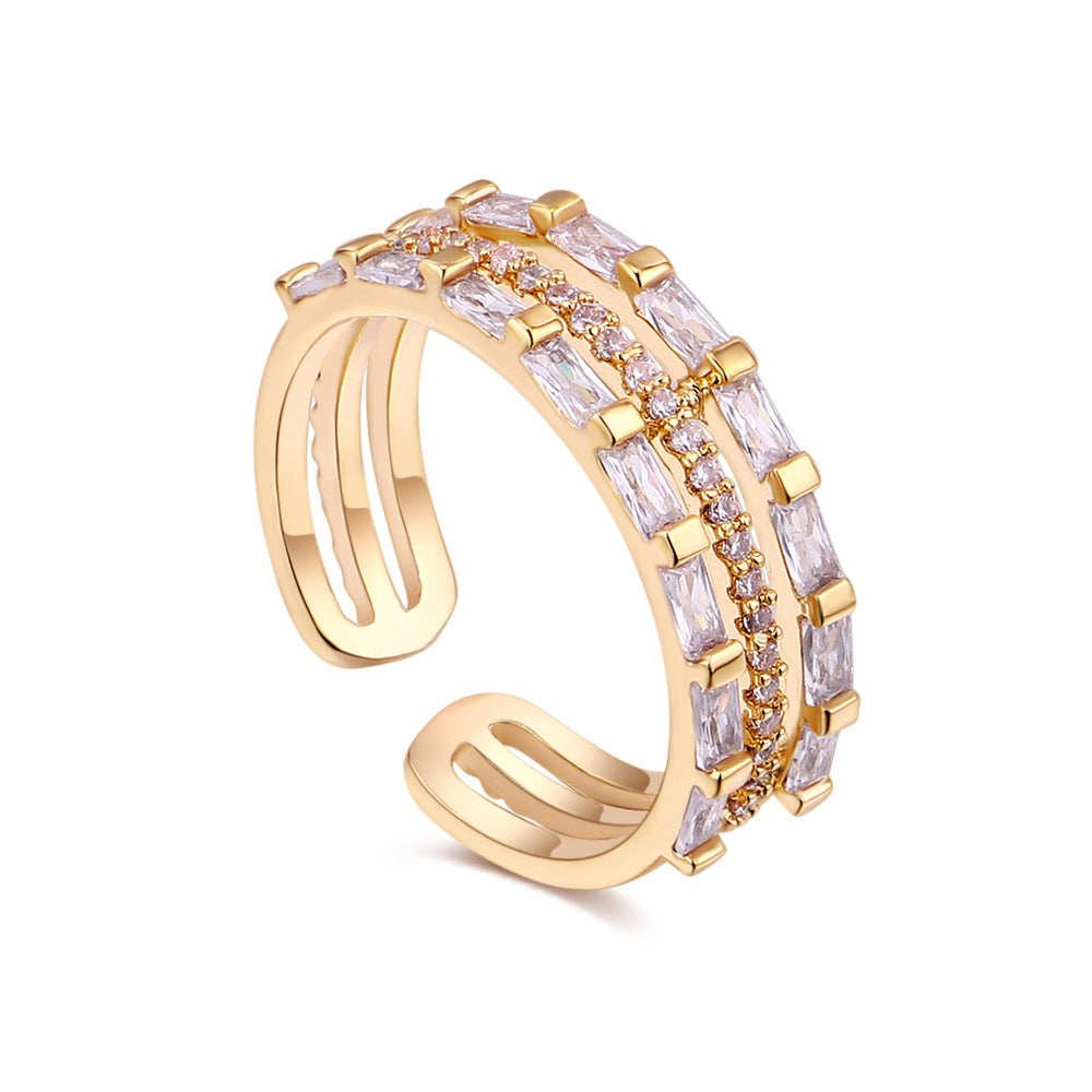 Unisex Geometric Zircon Ring Gold Plated Copper Abstract Design Korean Style Jewelry For Everyday Wear Modern Accessory