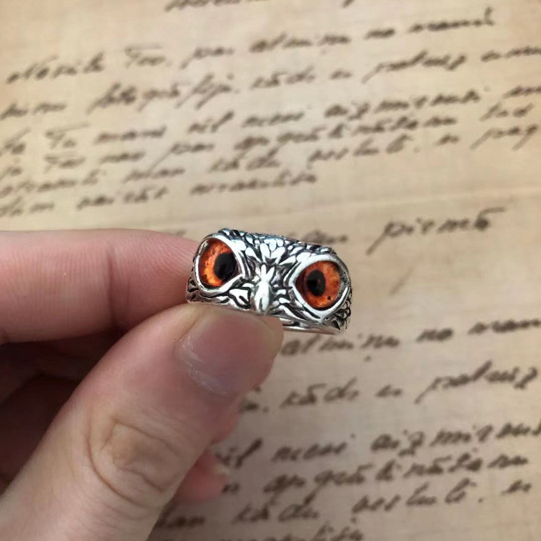 Vintage Owl Ring With Gemstone Adjustable Silver Jewelry Animal Zodiac Design Gift For Men Women Unisex Accessory