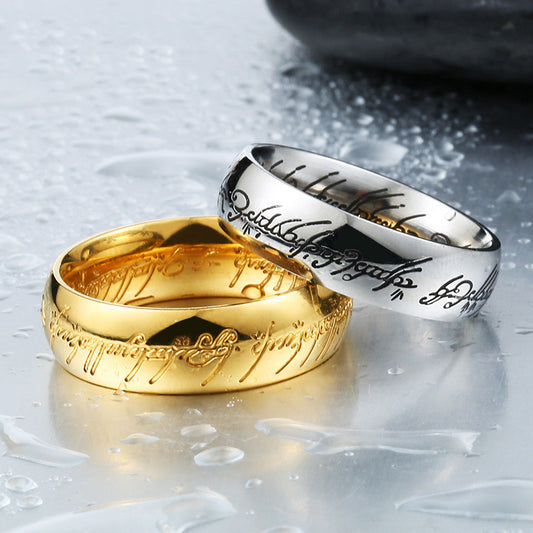 Mens Engraved 24K Gold Plated Stainless Steel Titanium Ring Durable Fashion Jewelry Accessory Lord of the Rings Style