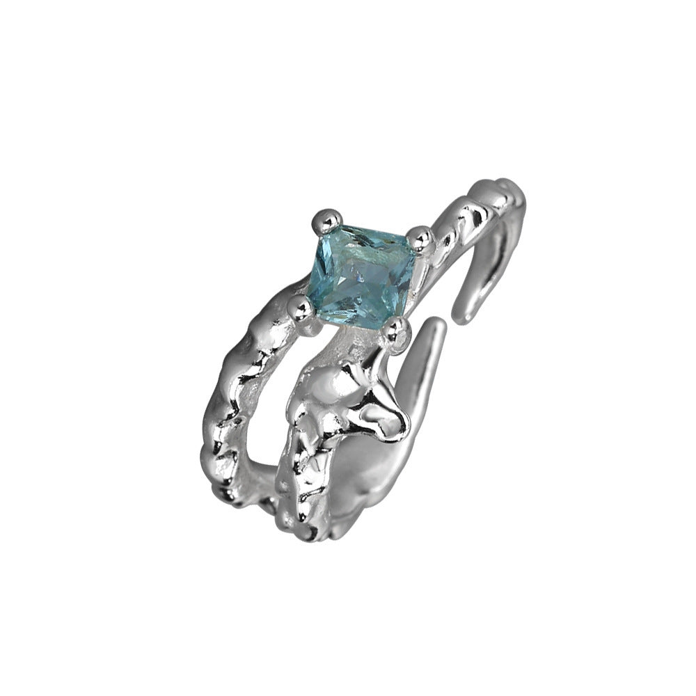 Unisex Adjustable Blue Zircon Ring Copper Electroplated Flower Design Irregular Fashion Jewelry Sturdy For Men And Women