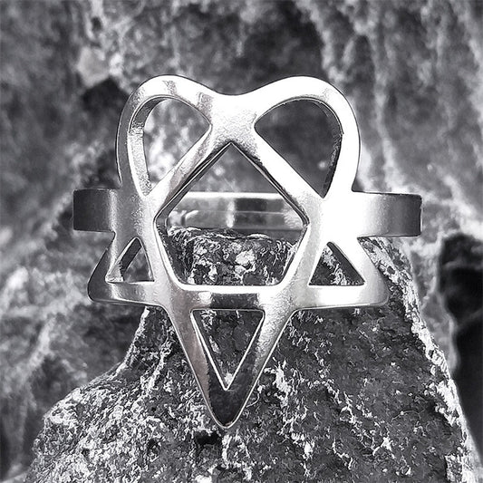 Unisex Stainless Steel Ring with Hollow Pentagram Geometric Design for Fashion Ornament and Style Satin Finish