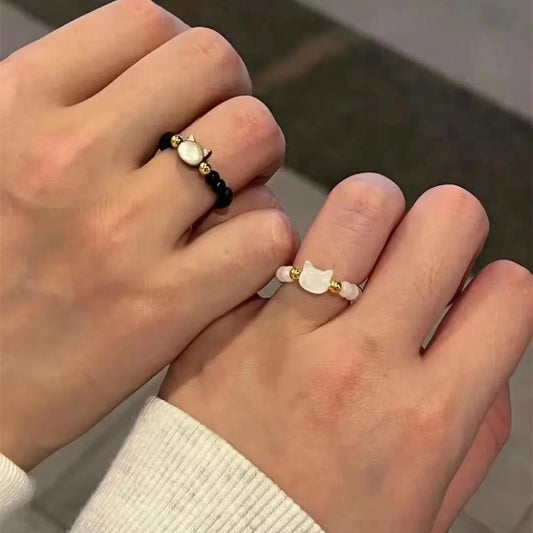 Handmade Shell Cat Rings Cute Cartoon Lucky Cat Rings Plain Circle National Style Gift for Couples Cat Perfect