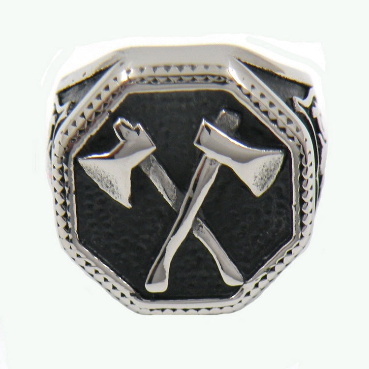 Unisex Stainless Steel Ring Viking Warrior Double Axe and Cross Design Band Steel Color Ring