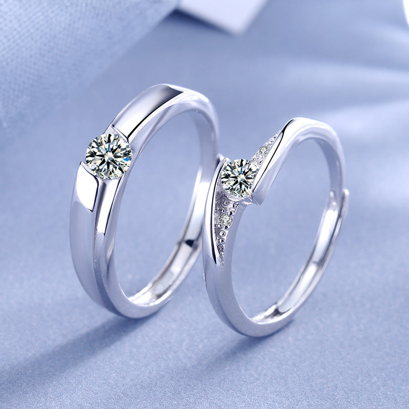 Sterling Silver Couple Ring With Zircon Diamonds Adjustable Geometric Matching Rings For Women And Men Jewelry