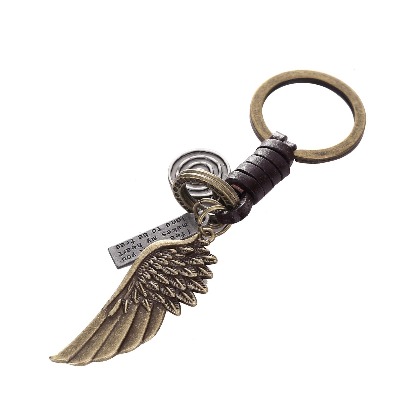 Unisex Cowhide Leather Keychain Retro Rock Angel Wings Alloy Key Ring Accessory for Keys Bags Vintage Style Accessory
