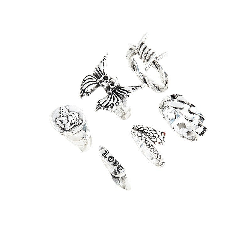 Womens Ring Set Retro Gothic Heavy Metal Geometric Alloy Jewelry Butterfly Rings For Women Stackable Fashion Accessory