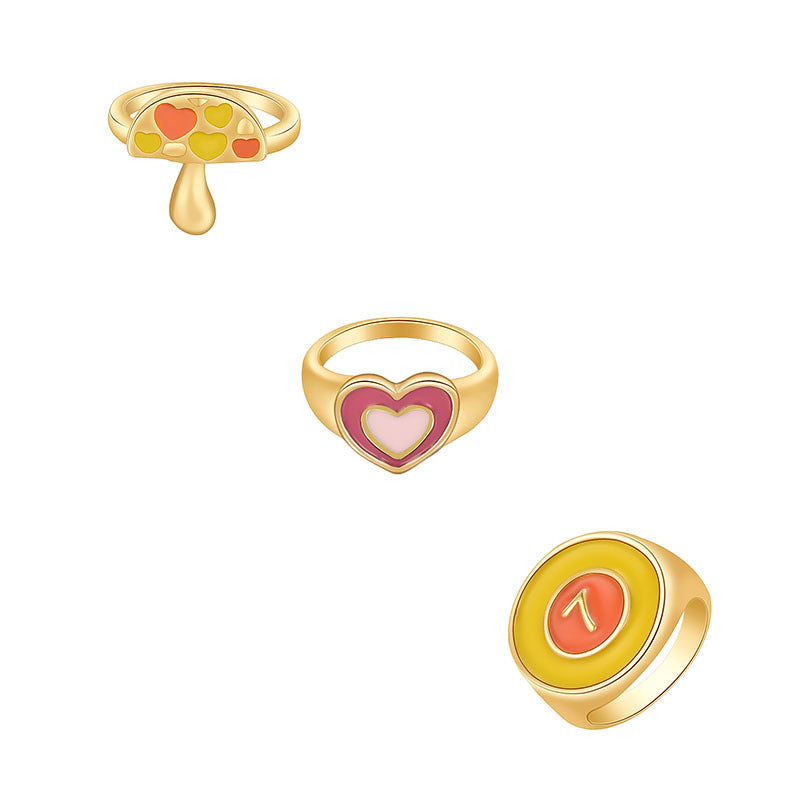 Womens Ring Set 3 Alloy Rings With Love Heart And Flower Design Mushroom And Butterfly Accents Fashion Jewelry
