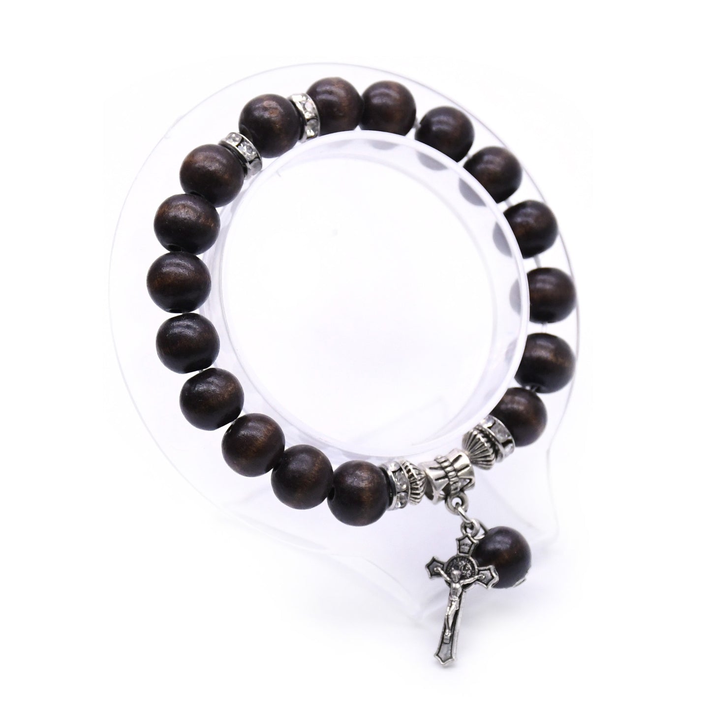 Unisex Wooden Bead Bracelet With Cross Charm Religious Totem Design And Alloy Inlaid Gems Coffee Color Wood Bracelet