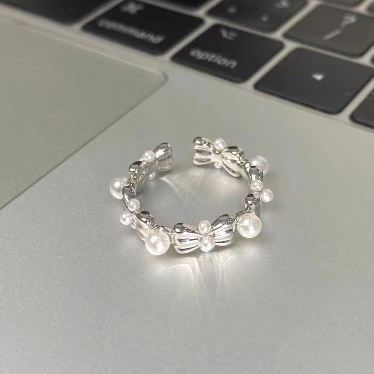 Womens Adjustable Ring With Bow Pearl Geometric Alloy Electroplated Fashion Jewelry Bowknot Finger Ring Elegant