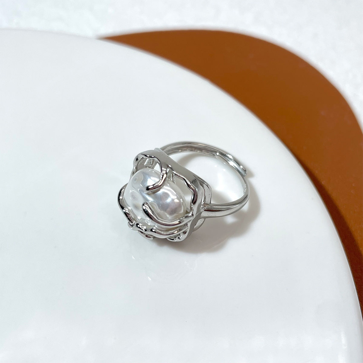 Womens Adjustable Faux Baroque Pearl Ring Silver Electroplated Copper Jewelry Elegant Fashion Accessory For Women