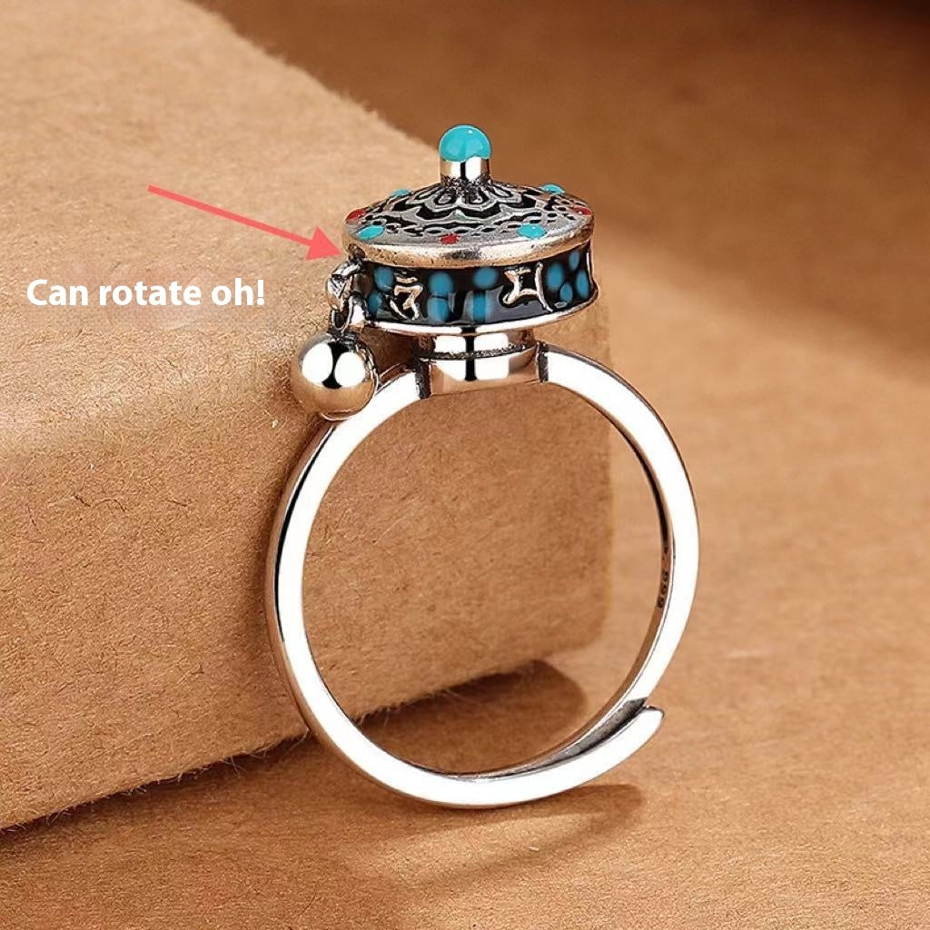 Ring Retro Ethnic Style Rotatable Opening Adjustable Niche Ring Lotus Prayer Wheel Copper Flower National Ring