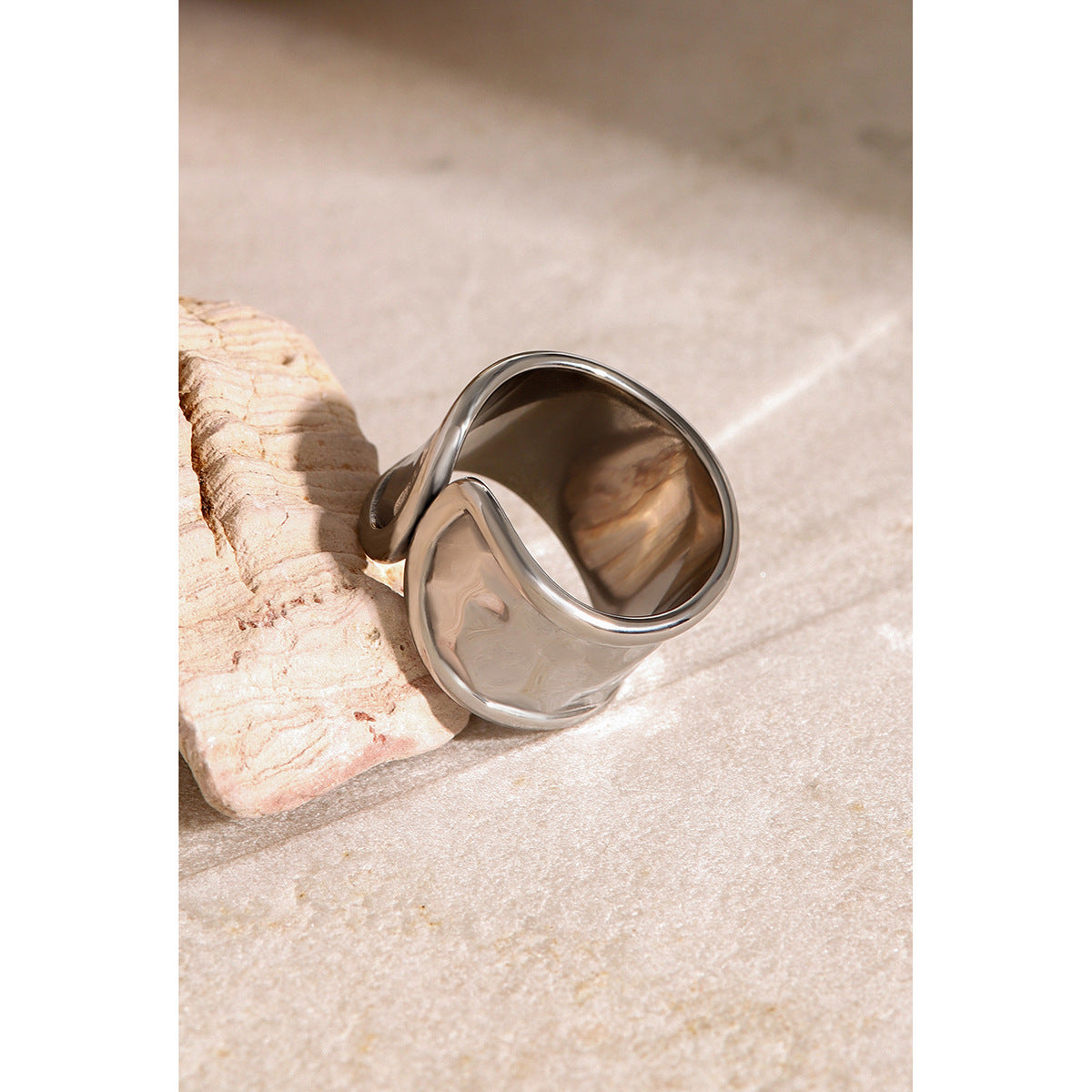 Unisex Stainless Steel Ring Hammered Design Asymmetric Band Cold Wind Ring Unique Niche Statement Ring for Men and Women Fashion Jewelry