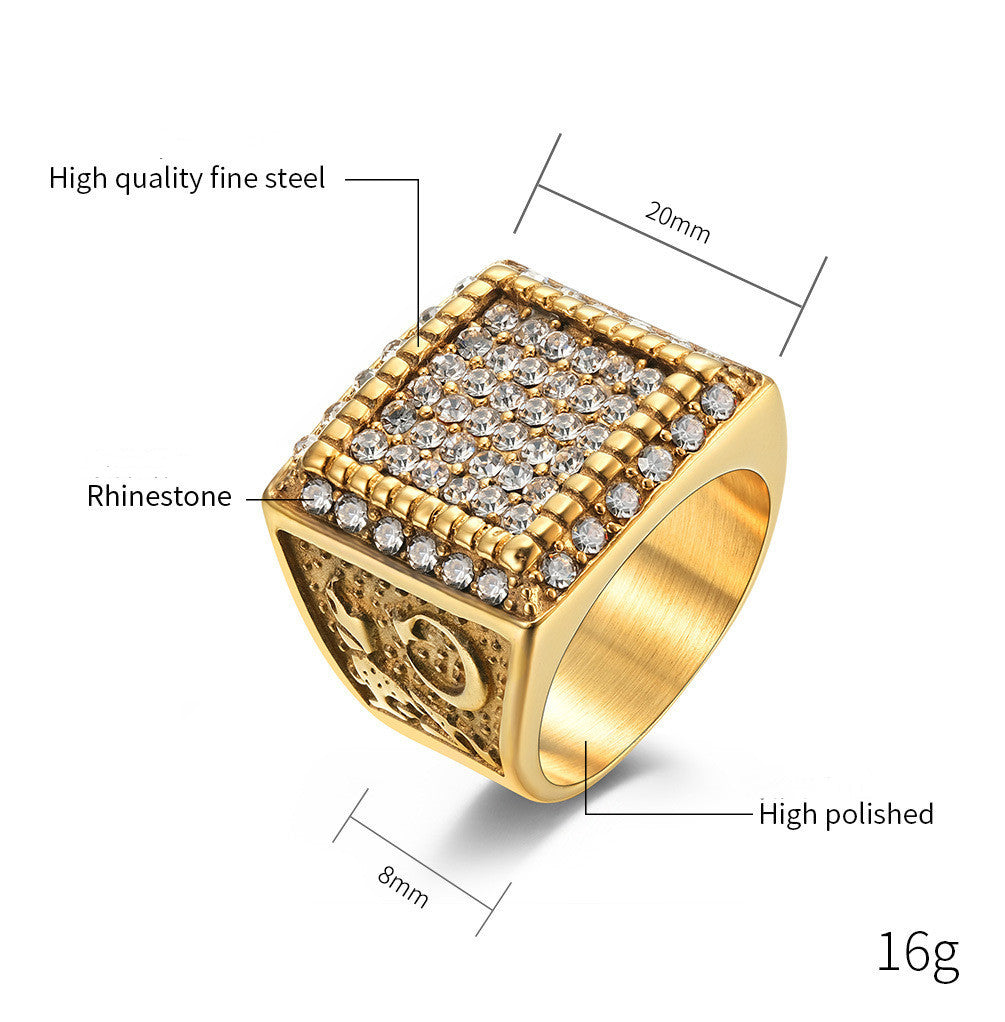 Mens Hip Hop Ring Gold Plated Rhinestone Stainless Steel Geometric Statement Jewelry Unisex Sizes 7 8 9 10 11 12