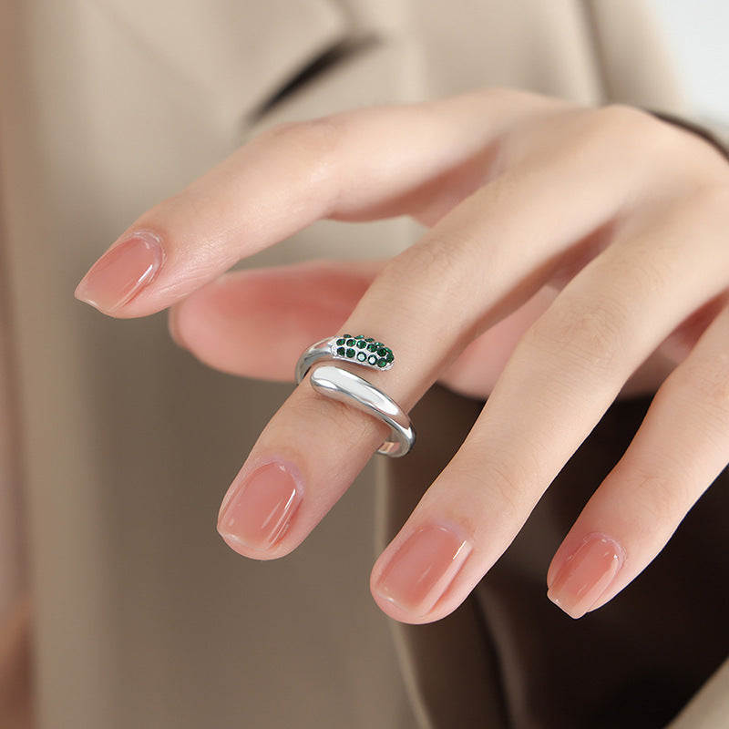 Womens Titanium Steel Snake Ring With Rhinestone Modern Accent French Design Adjustable Opening Statement Ring