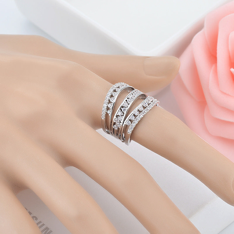 Hollow Zircon Ring With Cross Border Design White Gold Tone Fashion Jewelry For Women AAA Grade Sparkle Luster