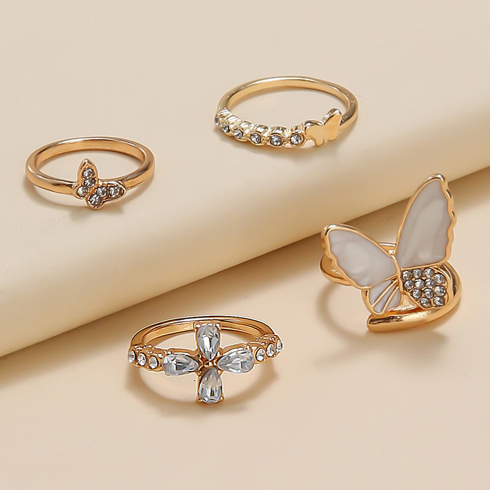 Gold Plated Butterfly Ring Set With Rhinestones And Geometric Accents For Women And Girls For Daily Wear Style
