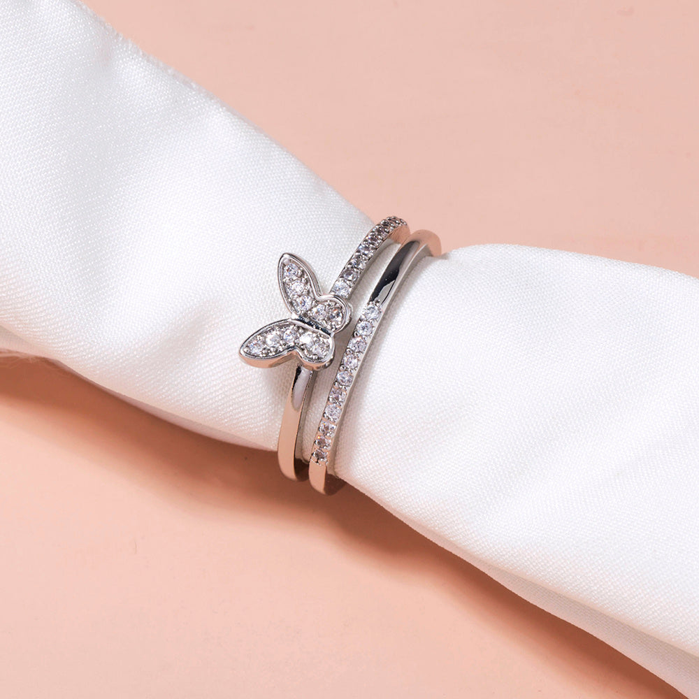 Women Adjustable Butterfly Ring With Zircon Inlay Copper Electroplated European Style Jewelry Elegant Crystal