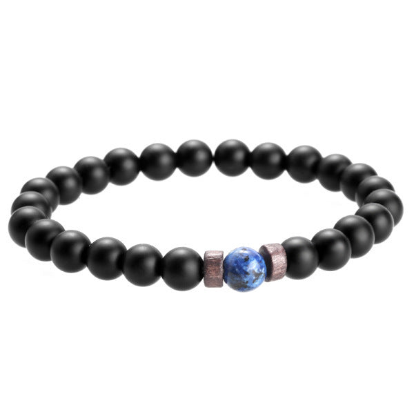 Unisex Volcanic Stone Beaded Bracelet With Alloy Inlay Gemstone Accent Fashion Jewelry Gift For Men MatteBlack