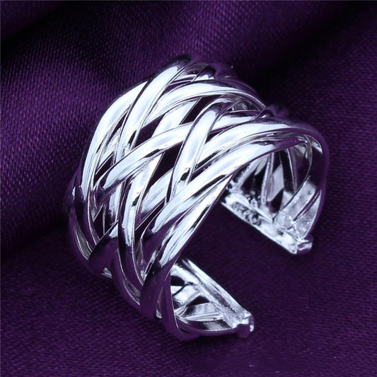 Womens 925 Sterling Silver Open Mesh Geometric Ring European American Plated Knit Design Band Jewelry Everyday