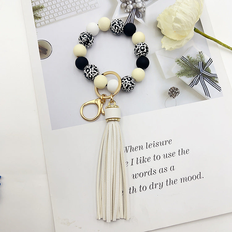 Wooden Bead Keychain Leopard Pattern White Background 21cm Length Round Beads For Pendants Bracelets Keychains