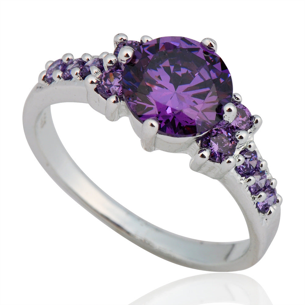 Purple Zircon Diamond Inlay Copper Band Ring Korean Style White Gold Gem Jewelry Fashion Accessory Women Gleam