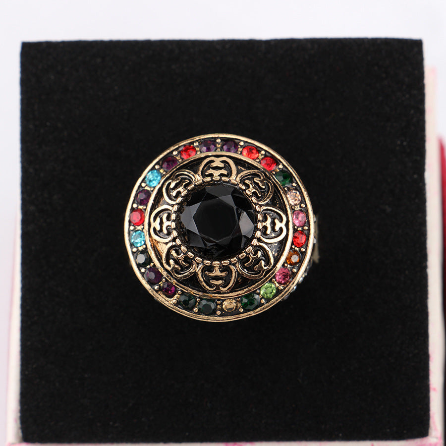 Womens Ring Retro Alloy With Artificial Gemstone Inlay Hollow Carved Design Gold Plated Ring For Women Natural