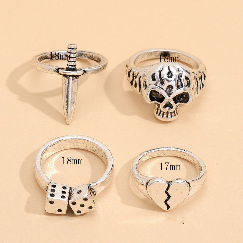 Women Ring Set Silver Tone Fashion Rings With Skull Heart Geometric Ornaments Alloy Electroplated For Everyday Wear