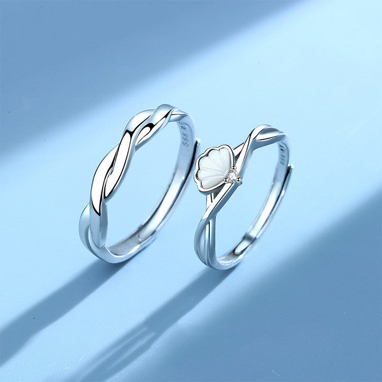 Silver Korean Geometric Couple Rings With Shellfish Design Electroplated Finish Fashion Jewelry For Trendy Jewelry Fans