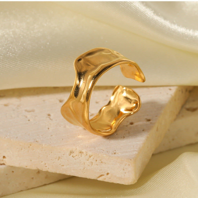 Unisex Stainless Steel Ring Irregular Tin Foil Textured Adjustable Index Finger Gold Tone Electroplated Jewelry