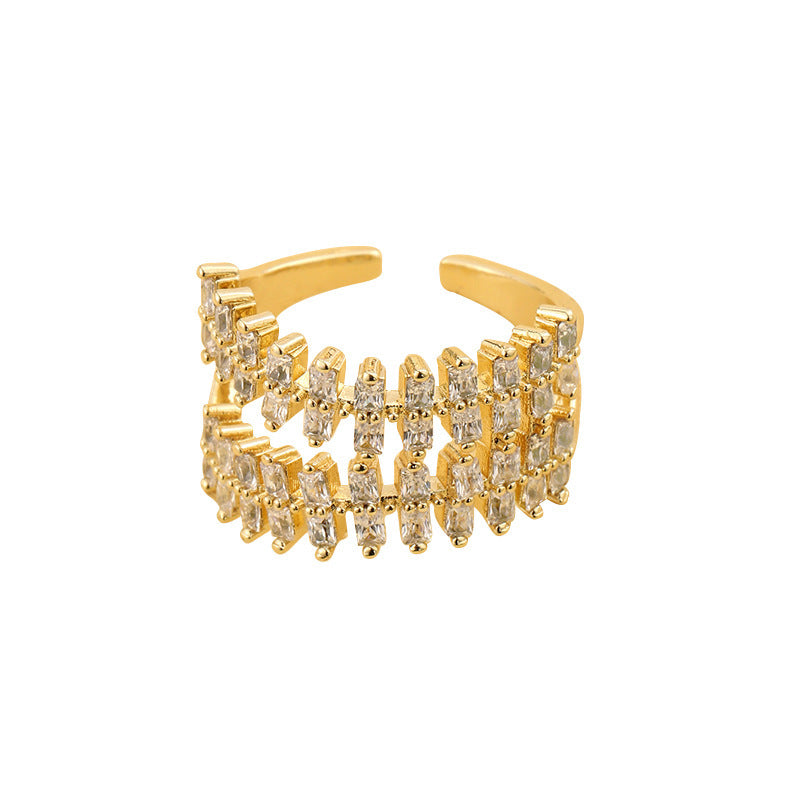 Adjustable Copper Zircon Ring For Women Gold Tone Line Geometry Ins Style Elegant Jewelry For Daily Wear Needs