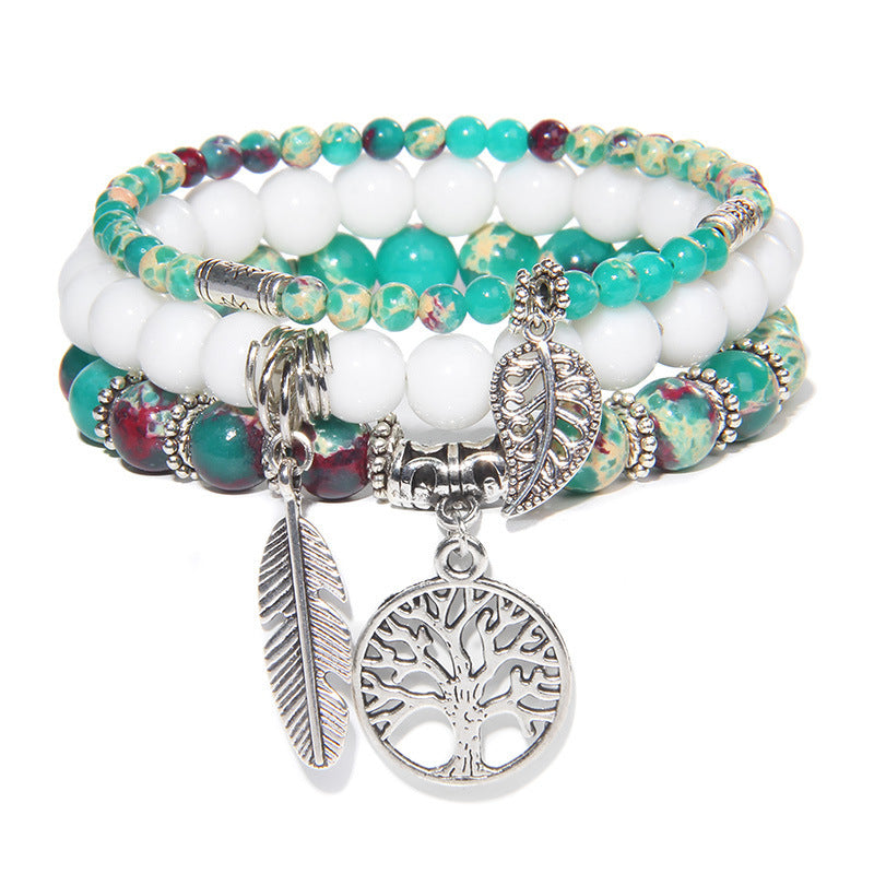 Unisex Agate Beads Bracelet Set With Tree Of Life Pendant