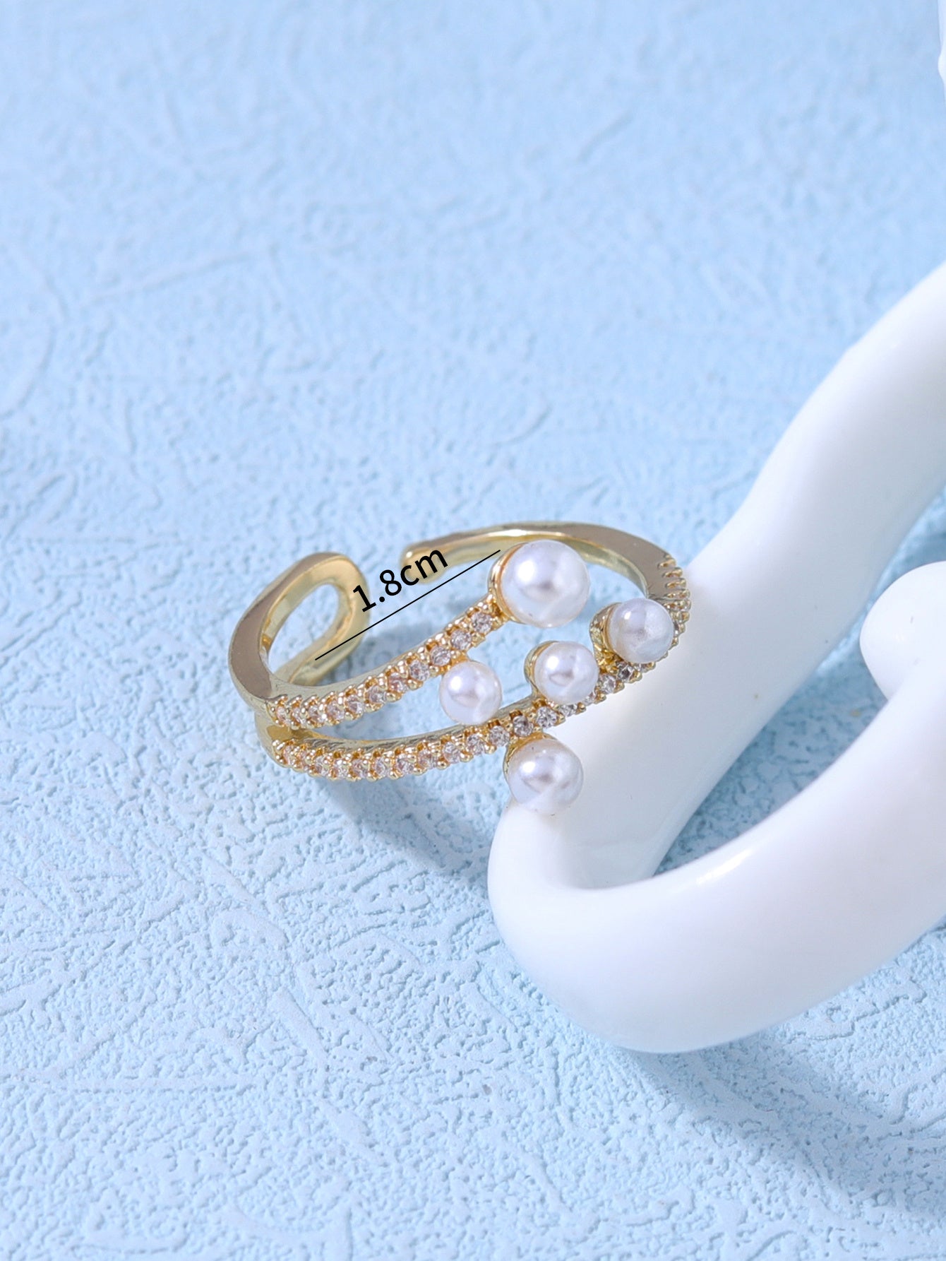 Womens Open Pearl Ring Adjustable Gold Tone Copper Zircon Geometric Fashion Jewelry Accessory Elegant Modern Design