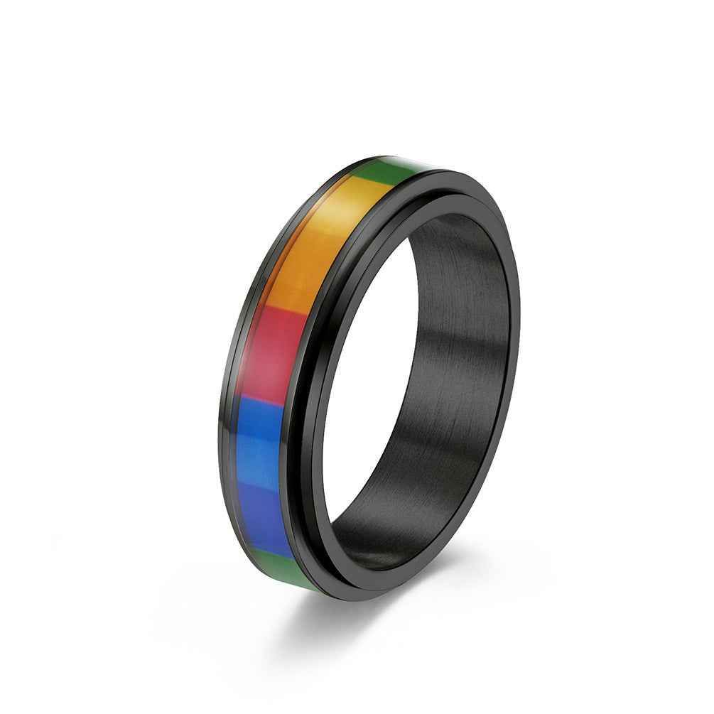 Unisex Rainbow Ring Titanium Steel Band Gold Black Electroplated Gift For Him Or Her Colorful Rainbow Finish Up