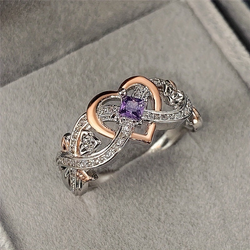Heart Shaped Purple Zircon Ring Electroplated Alloy Jewelry For Women Elegant Fashion Accessory For Daily Wear