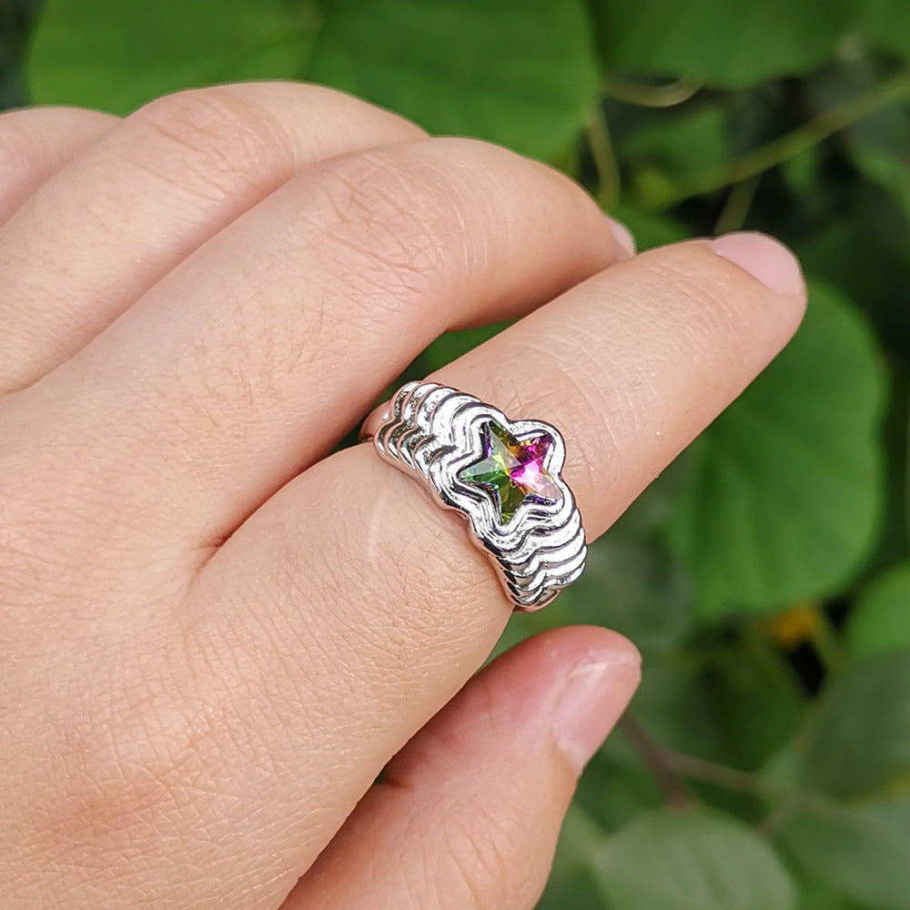 Womens Geometric Star Ring Alloy Metal Fashion Ring Retro Inlaid Star Design Electroplated Cold Wind Ring Ring