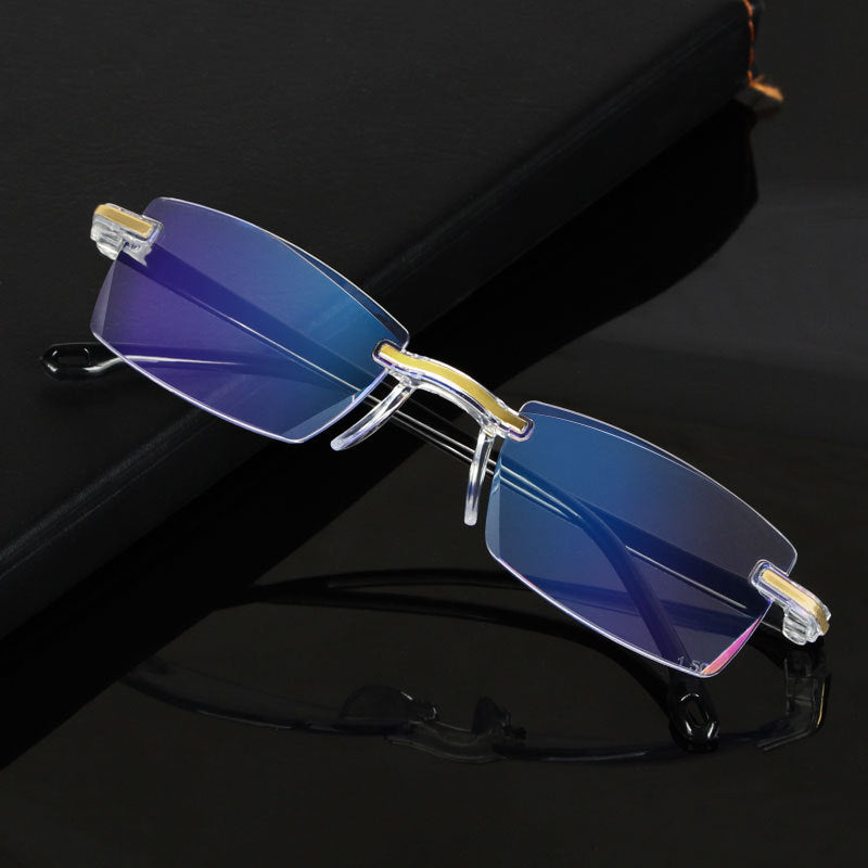Vintage Frameless Reading Glasses With Diamond Cut Edge For Round Face Shape Anti Blue Light Clarity UltraLens