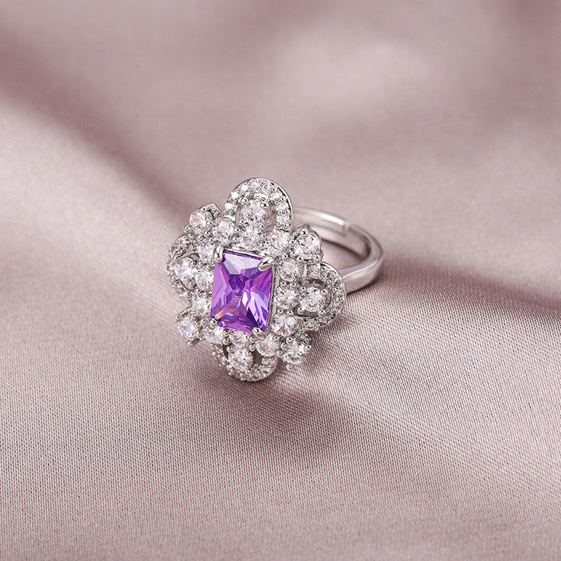 Womens Copper Ring with Color Zirconium Geometric Design Palladium White K Processing Noble Retro Fashion Ring Jewelry Gift For Her