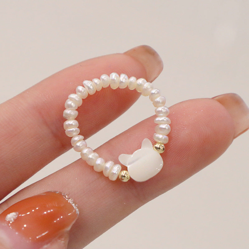 Two Dimensional Cute Twin Elastic Cat Ring Handmade Pearl