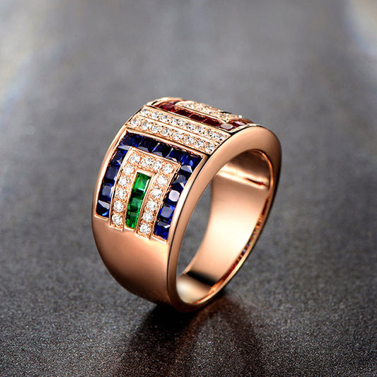 Women Color Zircon Ring Geometric Copper Gold Plated Inlaid Gemstones Semi Precious Stones Cocktail Party Ring