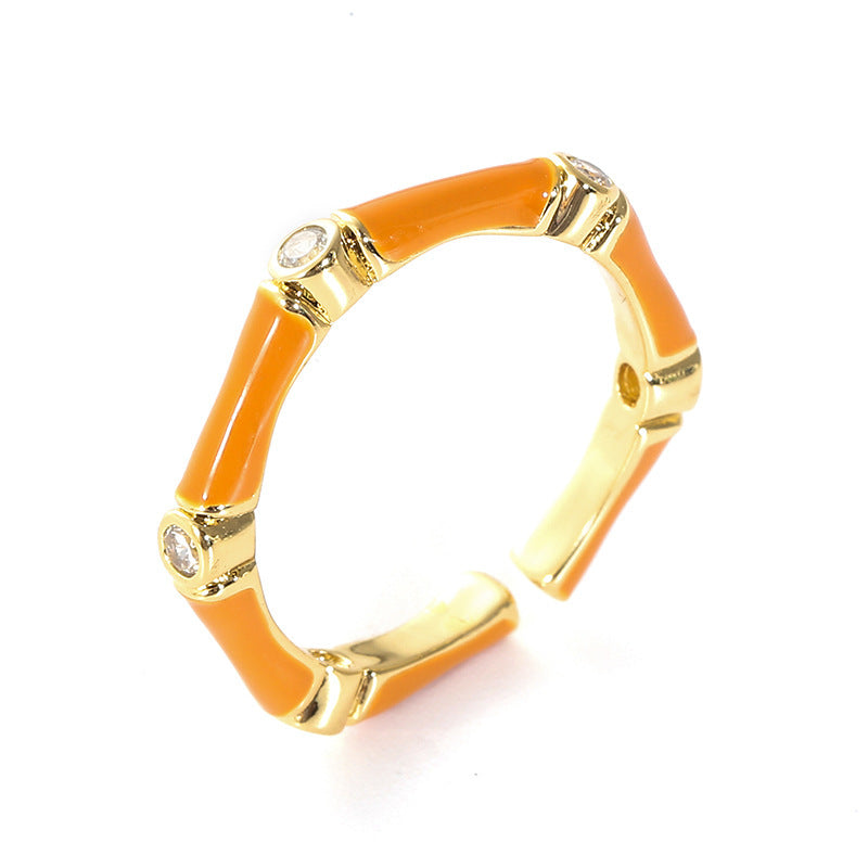 Womens Ring Zircon Set Drip Oil Copper Bamboo Design Adjustable Fashion Accessory Durable Statement Piece Size