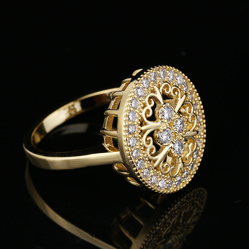 Womens Ring Gold Plated Copper Ring Sparkling Zircon Hollow Flower Design European Ring Wedding Jewelry Golden