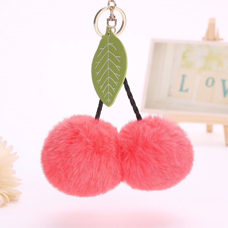 Womens Plush Cherry Keychain Cute Fruit Hair Ball Pendant Fluffy Pom Pom Handbag Charm Fashion Accessory Girls