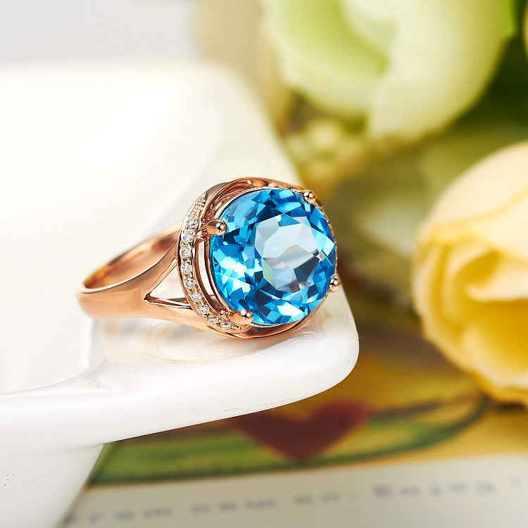 Womens Blue Topaz Ring 18K Rose Gold Plated Gemstone Adjustable Geometric Design Delicate Elegant Jewelry Chic
