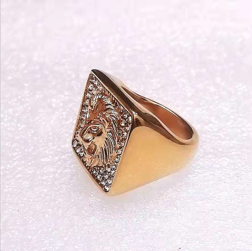 Gold Domineering Lion Head Titanium Steel Punk Men's Ring